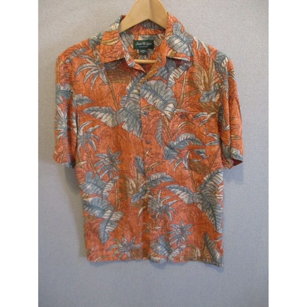 David Taylor Shirt Mens Large Orange Hawaiian Palm Leaf Rayon Button Up Summer